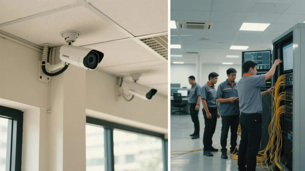 Teknisi profesional memasang CCTV di kantor dan gudang di Jakarta untuk proyek keamanan bisnis skala perusahaan